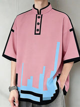 Men's Cyberpunk Pixel Art Style Pixel Graphic Print Mock Neck Button Short Sleeve T-shirt SKUL60730