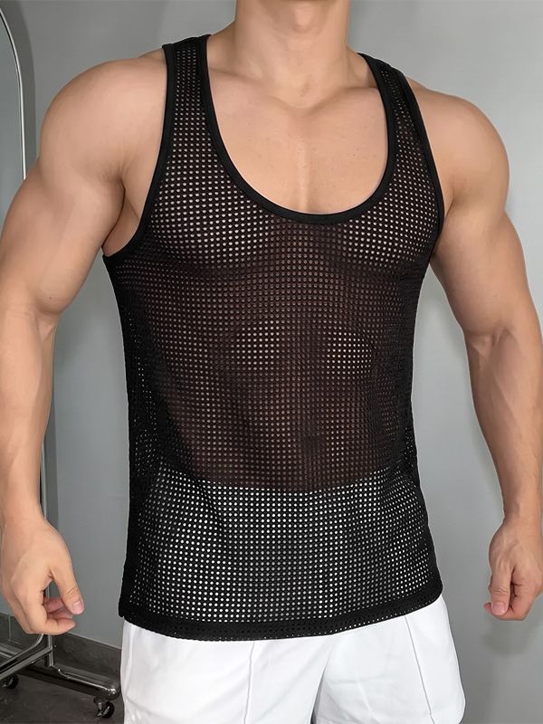 Men's Sexy Gym See-Through Fishnet Mesh Muscle Slim Sleeveless Scoop Neck Tank SKUL76004