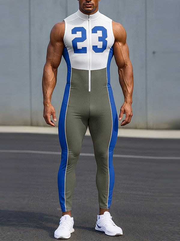 Men's Number Print Colorblock Zipper Bodysuit SKUL31984