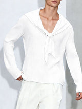 Men's Solid Color Textured Navy Collar Long Sleeve T-shirt SKUL51995