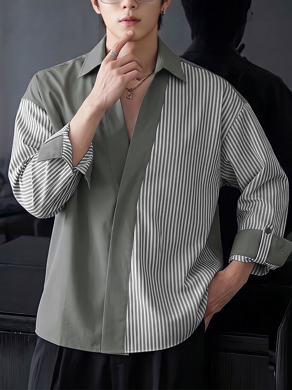 Men's High Street Urban Casual Asymmetrical Stripe Fold Cuff Long Sleeve Lapel Collar Shirt SKUL77516