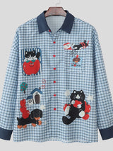 Men's Cat Fun Print Plaid Long Sleeve Shirt SKUL46134