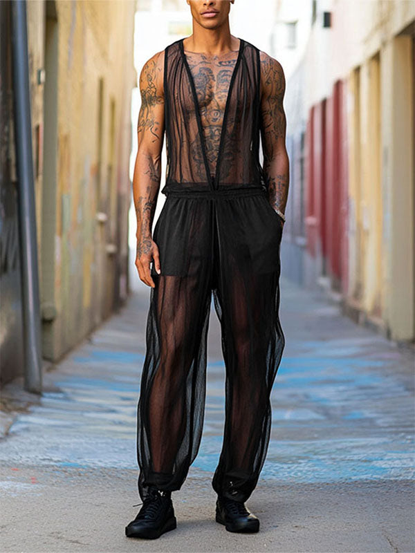 Mens Solid Color Sheer Mesh Jumpsuit SKUL11900