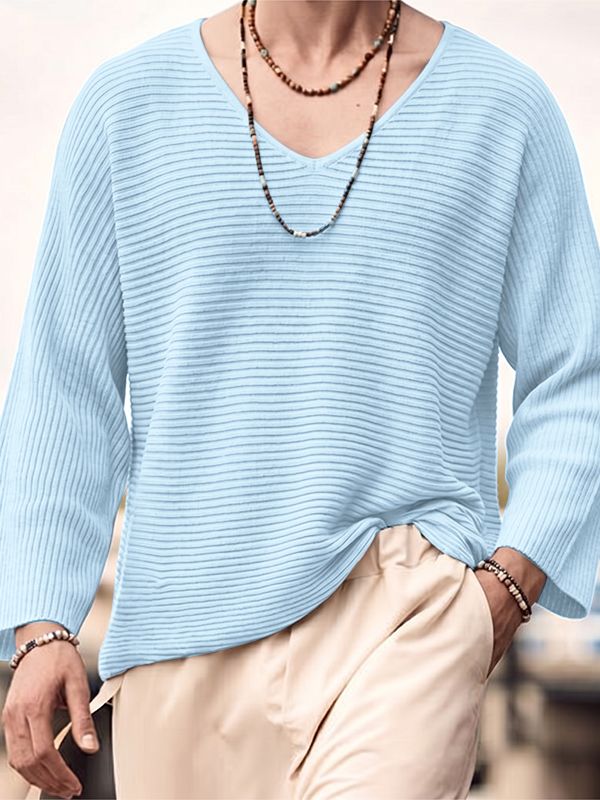 Men's Casual Horizontal Pleated Texture V-Neck Dropped Shoulder Loose Long Sleeve T-shirt SKUL72647