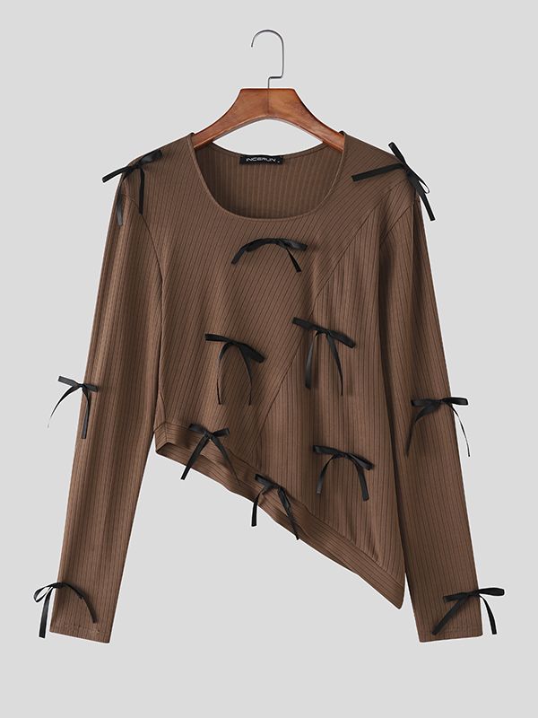 Men's Small Bow Patchwork Design Knit Textured Long Sleeve T-shirt SKUL43733