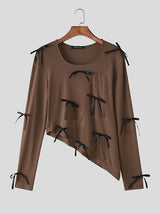 Men's Small Bow Patchwork Design Knit Textured Long Sleeve T-shirt SKUL43733