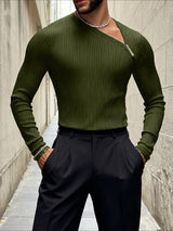 Men's Asymmetric Shoulder Design Textured Long Sleeve T-shirt SKUL43663