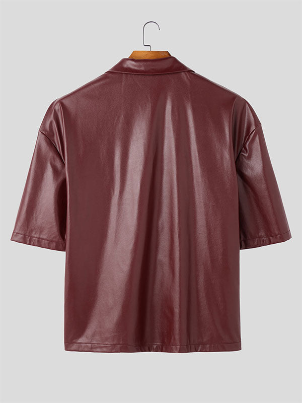 Mens Faux Leather Zip-Up Short Sleeve Shirt SKUL00889