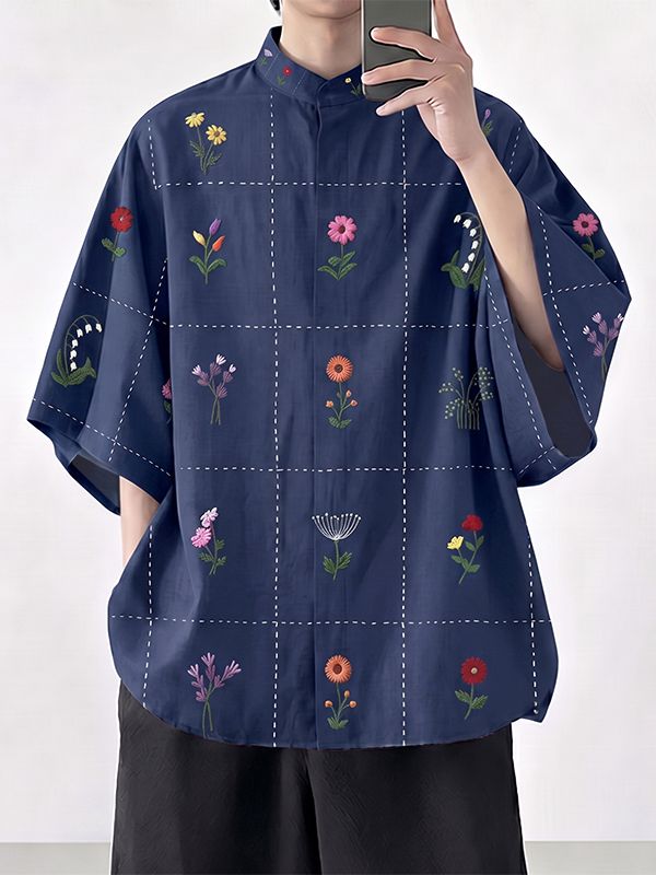 Men's Avant-Garde Neo-Chinese Dotted-Grid Floral Print Short Sleeve Shirt SKUL72451