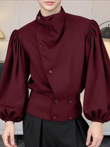 Men's Solid Asymmetrical Placket Puff Sleeve Shirt SKUL38918