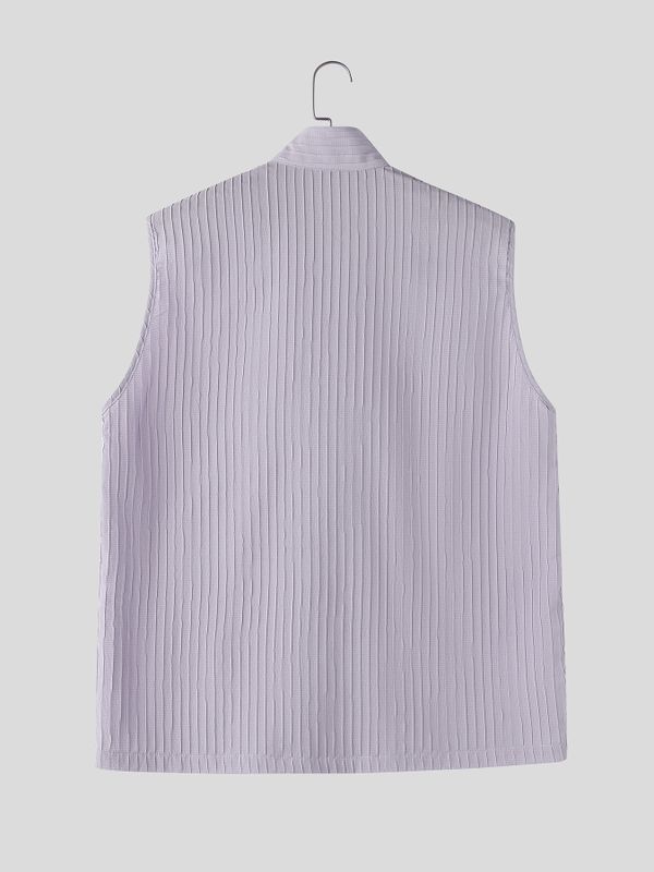 Men's Minimalist Textured Pleated Stand Collar Sleeveless Shirt SKUL72735