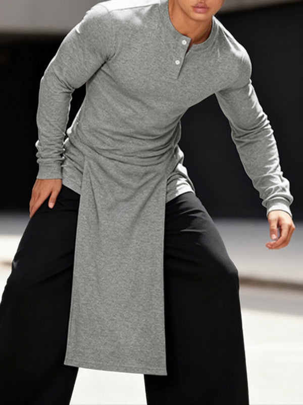 Men's Irregular Hem Half Placket Knitted Long Sleeve T-Shirt SKUL41056