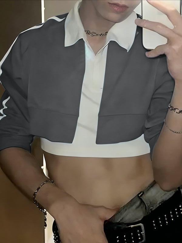 Men's Contrast Color Cropped Lapel Long Sleeve Shirt SKUL50915