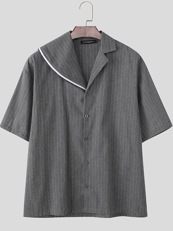 Men's Tassel Patchwork Stripe Asymmetric Collar Short Sleeve Shirt SKUL41086