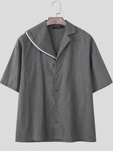 Men's Tassel Patchwork Stripe Asymmetric Collar Short Sleeve Shirt SKUL41086