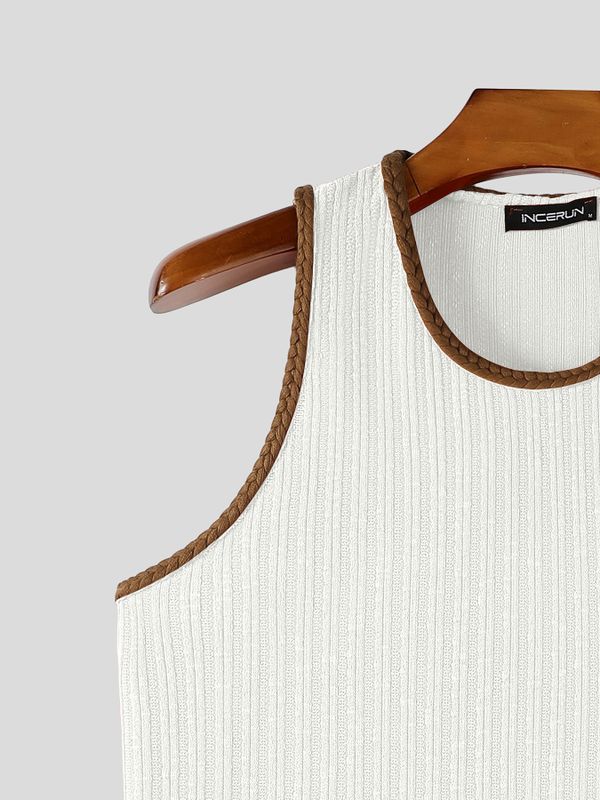 Men's Y2K Artisanal Contrast Braided Trim Ribbed Muscle Tank SKUL79719