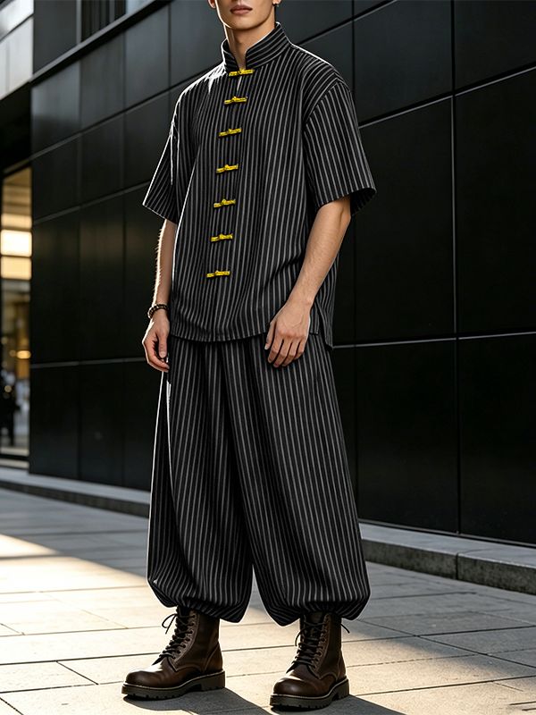 Men's Vintage Casual Vertical Striped Frog Button Stand Collar Two Pieces Outfit SKUL62046