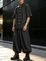 Men's Vintage Casual Vertical Striped Frog Button Stand Collar Two Pieces Outfit SKUL62046
