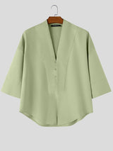 Men's Avant-Garde Zen Deep V-Neck Paneled Boxy Shirt SKUL63976
