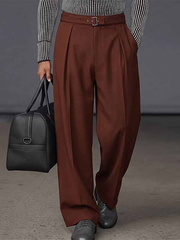 Men's High-End Urban Casual Deep Front Pleat Built-in Belt Wide Leg Pant SKUL78963