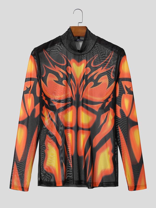 Men's Futuristic Sheer Mesh Thermal Muscle Print Mock Neck Long Sleeve Shirt SKUL64229