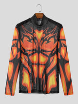Men's Futuristic Sheer Mesh Thermal Muscle Print Mock Neck Long Sleeve Shirt SKUL64229