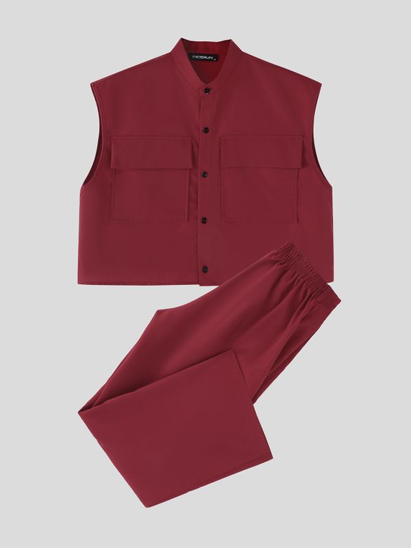 Men's Large Pocket Cropped Casual Two Pieces Outfit SKUL55304