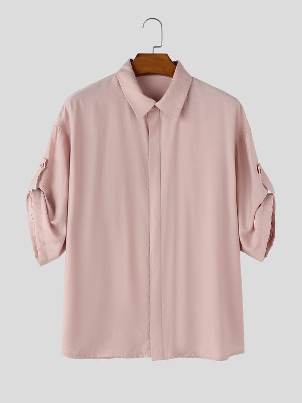Men's Vintage Casual Textured Buttonless Half-Open Placket Short Sleeve Shirt SKUL71287