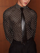 Men's Sheer Mesh Polka Dot Print Long Sleeve Shirt SKUL20217