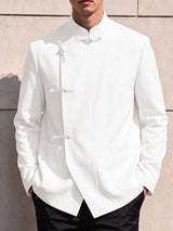 Men's Neo-Chinese Chic Evening Gala Frog Button Stand Collar Asymmetric Slanted Hem Blazer SKUL85969
