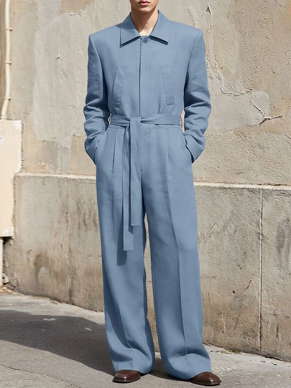 Men's Solid Color Lace Up Long Sleeve Jumpsuit SKUL52525