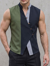 Men's Avant-Garde Color Block Asymmetrical Diagonal Button Stand Collar Tank SKUL75612