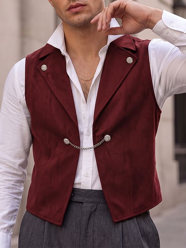 Men's Retro Quiet Luxury Cocktail Party Faux Suede Metal Chain Link Sleeveless Lapel Collar Waistcoat SKUL83165