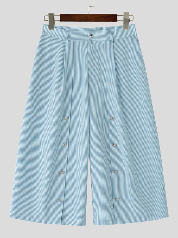 Men's Striped Button Casual Cropped Short SKUL23560
