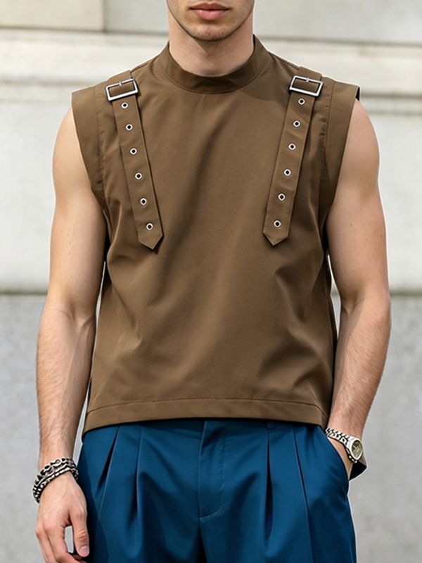 Men's Avant-Garde Mock Neck Shoulder Buckle Strap Detail Cropped Tank SKUL66047