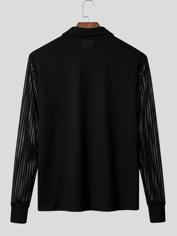 Men's Smart Chic Cocktail Evening Hollow-Out Mesh Panel Quarter-Zip Fitted Shirt SKUL84048