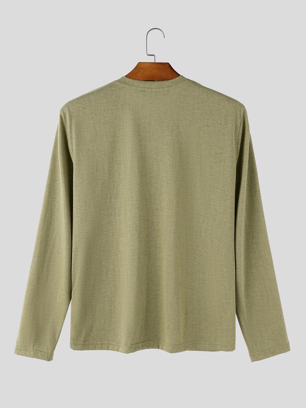 Men's Smart Casual Textured Long-Sleeve Henley Placket T-shirt SKUL78030