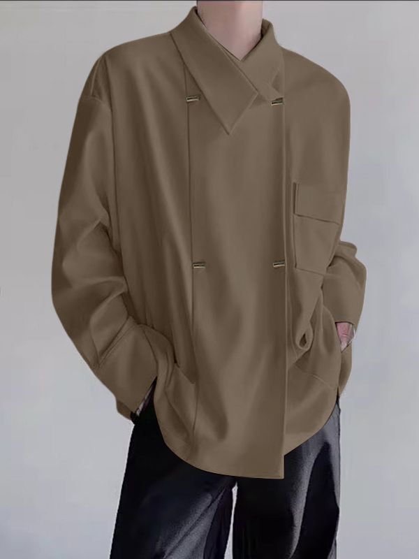 Men's Solid Color Double Breasted Long Sleeve Shirt SKUL37173