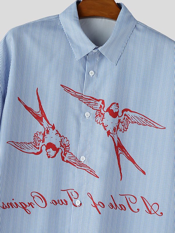 Men's Vintage Artistic Swallow Print Vertical Ribbed Short Sleeve Shirt SKUL69375