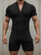 Men's Solid Color Textured Zipper Short Sleeve Bodysuit SKUL48695