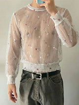 Men's Avant-Garde Sheer Floral Embroidered Mesh Shirt SKUL59802