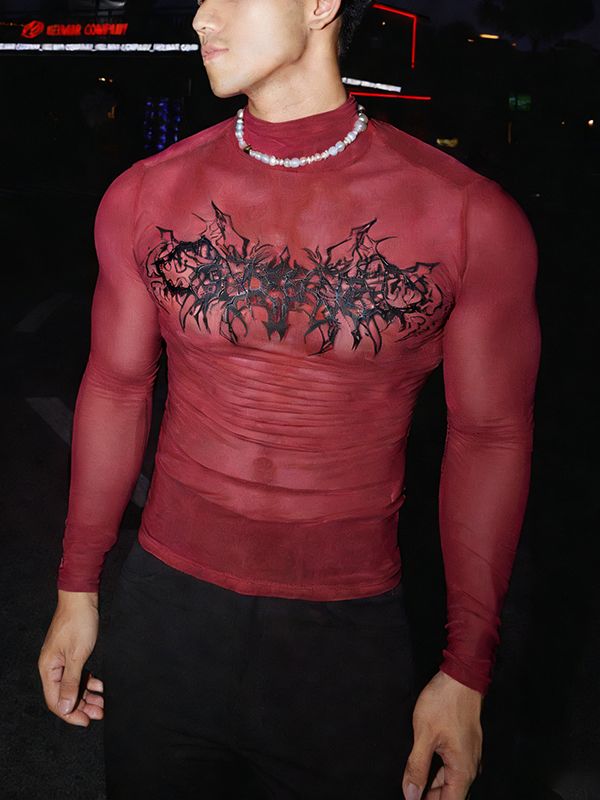 Men's Dark Style Print Sheer Long Sleeve T-shirt SKUL50521