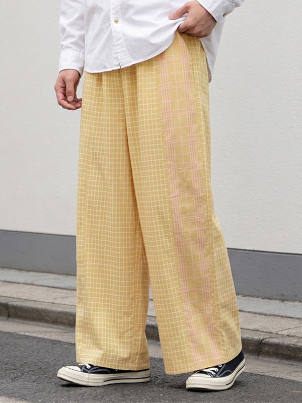 Men's Vintage Japanese Harajuku Multi-Pattern Plaid Stripe Wide Leg Pant SKUL62095