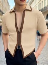 Men's Knit Contrast Color Zipper Short Sleeve Cardigan SKUL48006