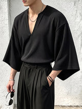 Men's Avant-Garde Minimalist Ribbed Deep V-Neck Wide Sleeve T-shirt SKUL81108