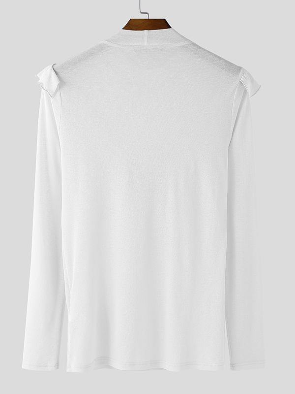 Men's Solid Color Ruffle Edge Patchwork Mock Neck Long Sleeve T-shirt SKUL46283