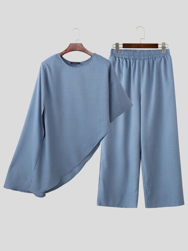 Men's Avant-Garde Zen Minimalist Wrap-Style Slanted Hem Two Pieces Outfit SKUL63840