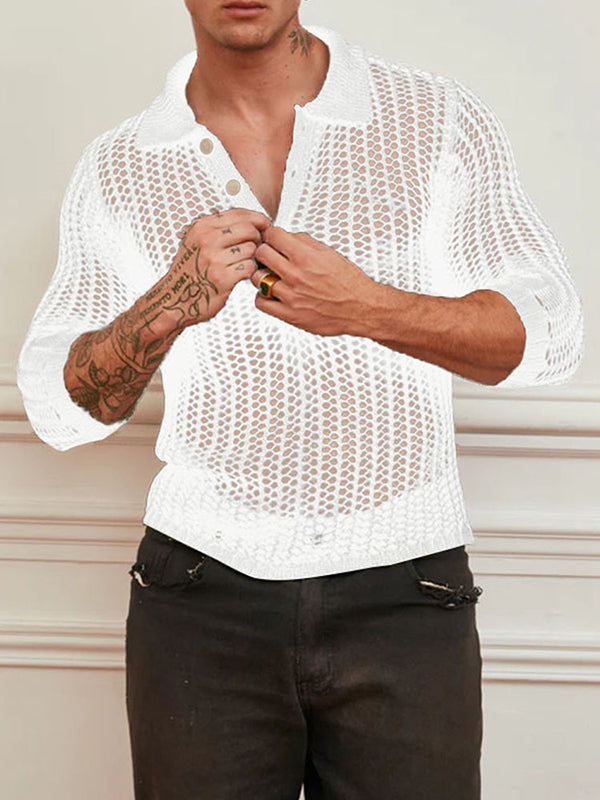Mens Hollow Mesh See-Through Long Sleeve Shirt SKUK97834