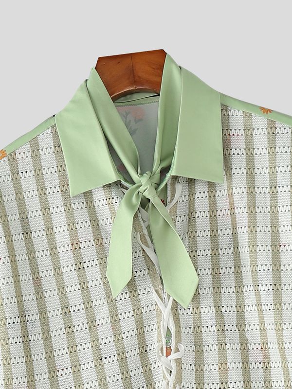 Men's Floral Print Contrast Color Patchwork Half Sleeve Shirt SKUL53143