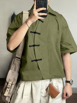 Men's Asymmetric Color Block Frog Button Loose Short Sleeve Shirt SKUL57095